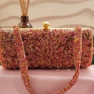 Chic Beaded Evening Clutch - Pinkish Red and Gold